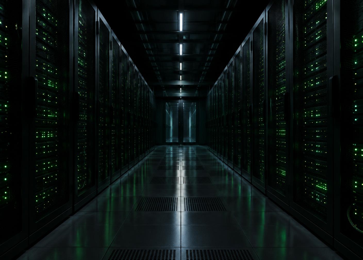 Server racks in a data centre with green lights