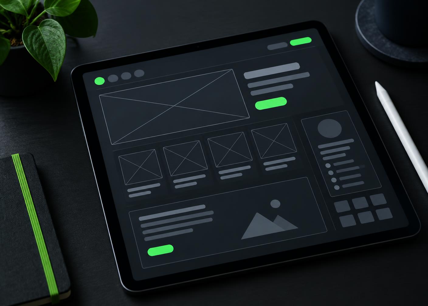 Tablet showing an abstract wireframe layout
