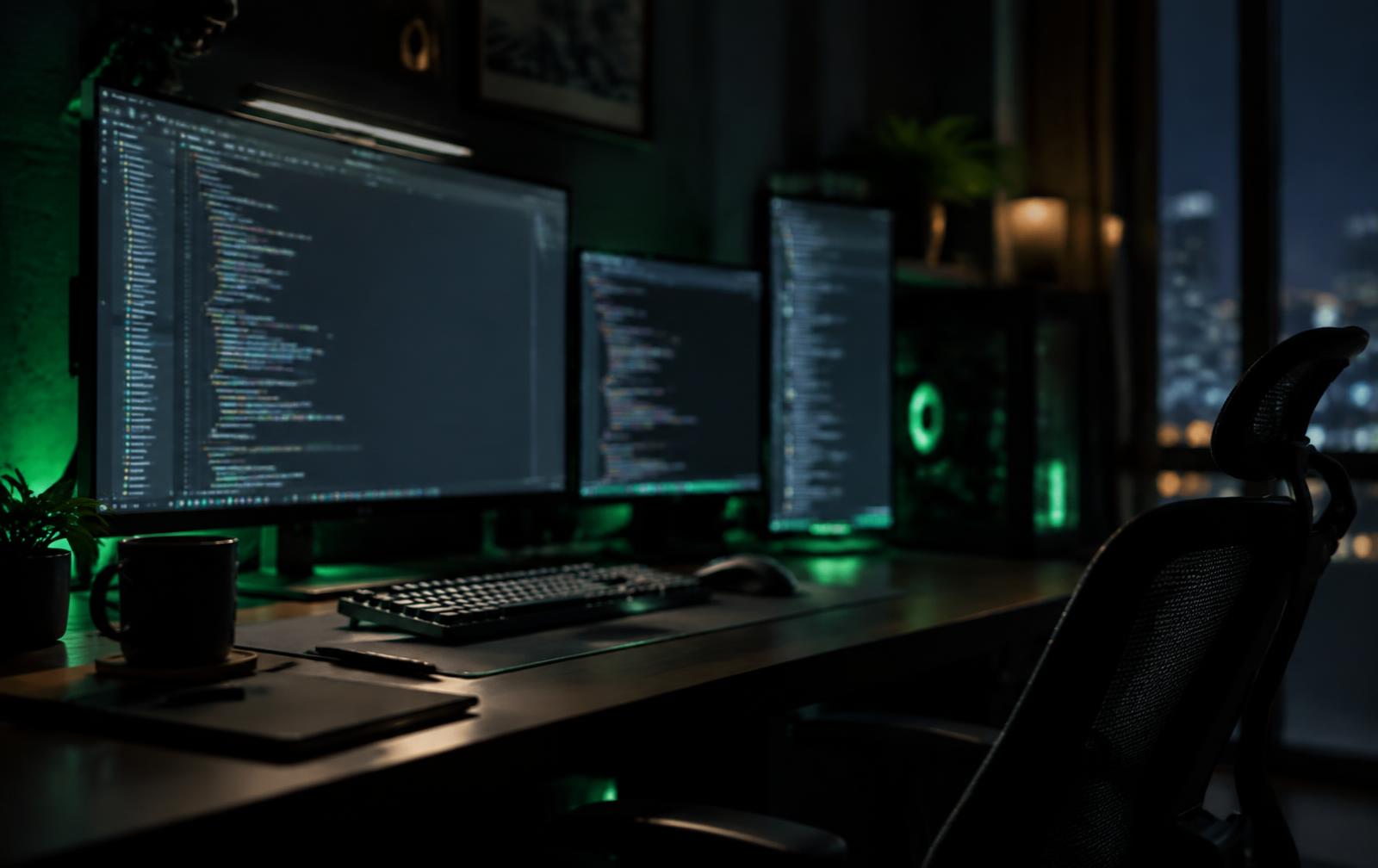 Developer workstation with code on several monitors
